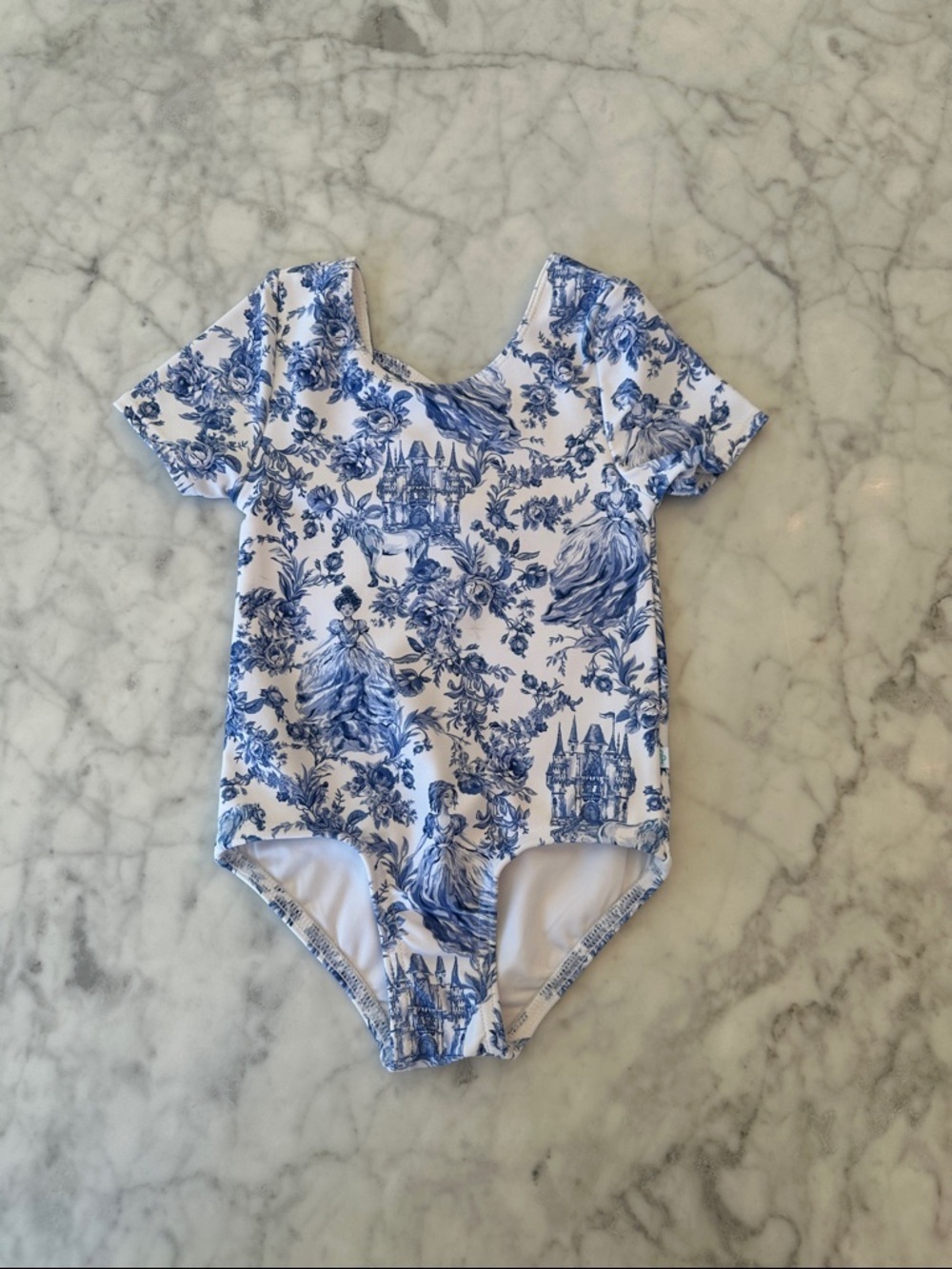 Posh Peanut Blue & White Toile Print Short Sleeve Leotard 3Y